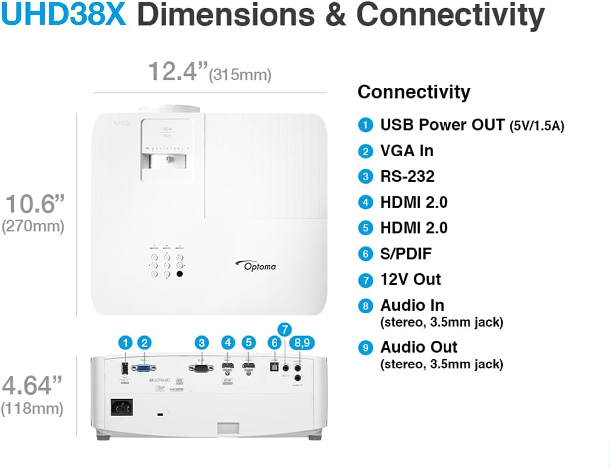 Optoma UHD38x Bright, True 4K UHD Gaming Projector | 4000 Lumens | 4.2ms Response Time at 1080p with Enhanced Gaming Mode | Lowest Input Lag on 4K Projector | 240Hz Refresh Rate | HDR10 & HLG, White