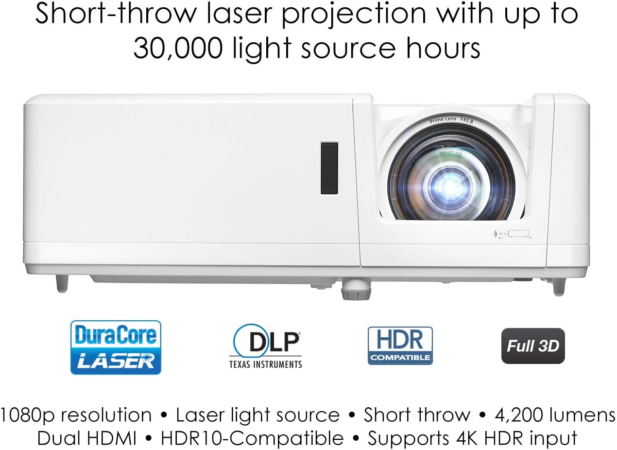 Optoma GT1090HDR Short Throw Laser Home Theater Projector | 4K HDR Input | Lamp-Free Reliable Operation 30,000 hours | Bright 4,200 lumens for Day and Night | Short Throw