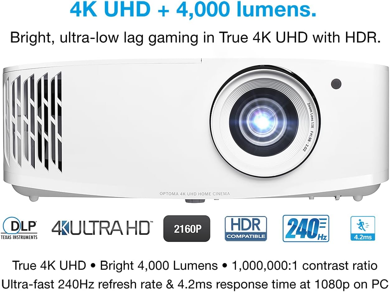 Optoma UHD38x Bright, True 4K UHD Gaming Projector | 4000 Lumens | 4.2ms Response Time at 1080p with Enhanced Gaming Mode | Lowest Input Lag on 4K Projector | 240Hz Refresh Rate | HDR10 & HLG, White