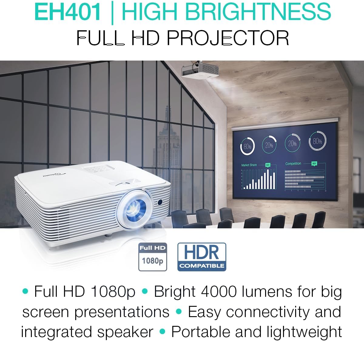 Optoma EH401 Compact Standard Throw Professional Projector – Full HD 1080p, 4000 Lumens, Business & Home Theater