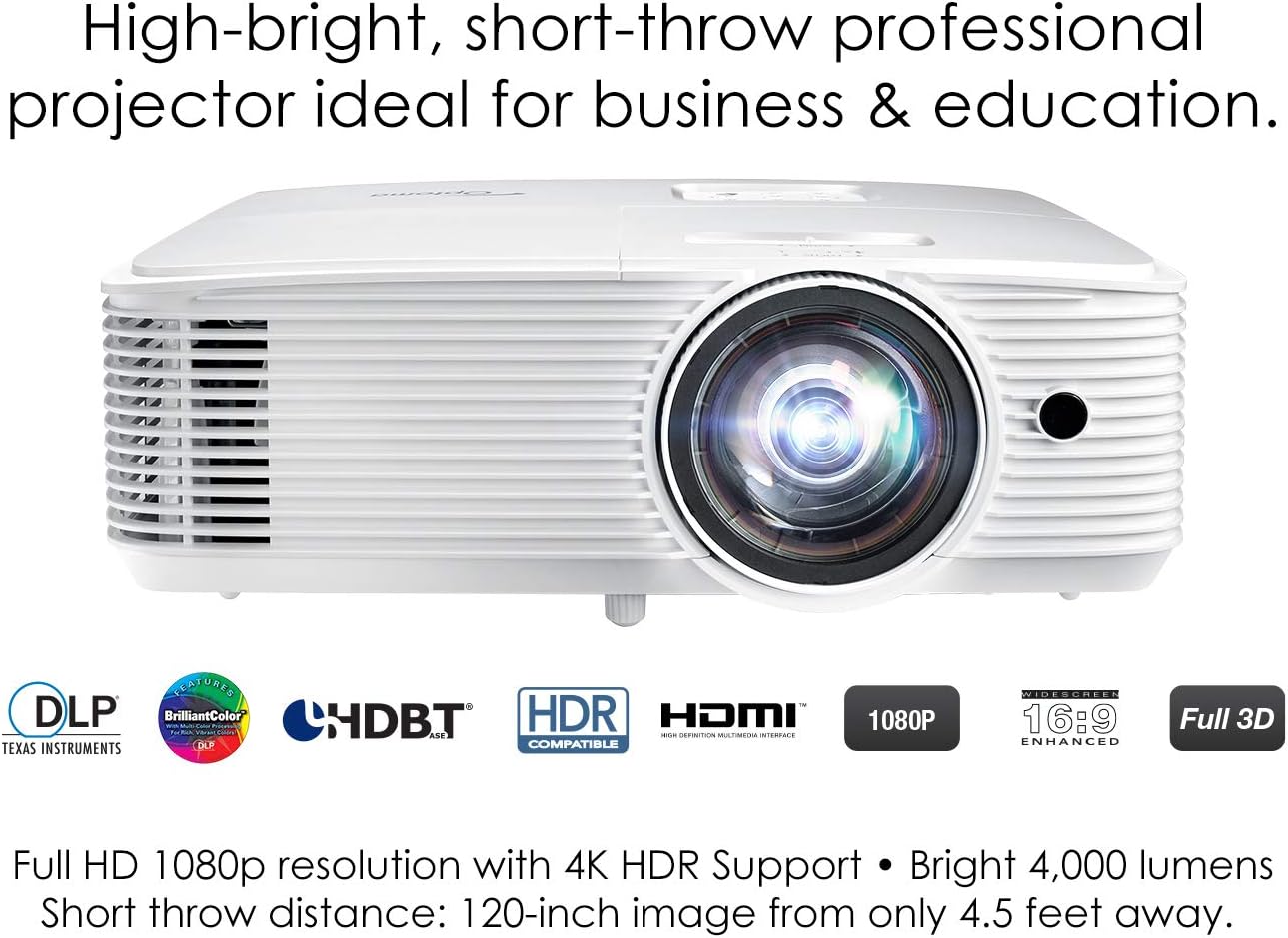 Optoma EH412ST Short Throw 1080P HDR Professional Projector | Super Bright 4000 Lumens | Business Presentations, Classrooms, or Meeting Rooms | 15,000 hour lamp life | Speaker Built In | Portable