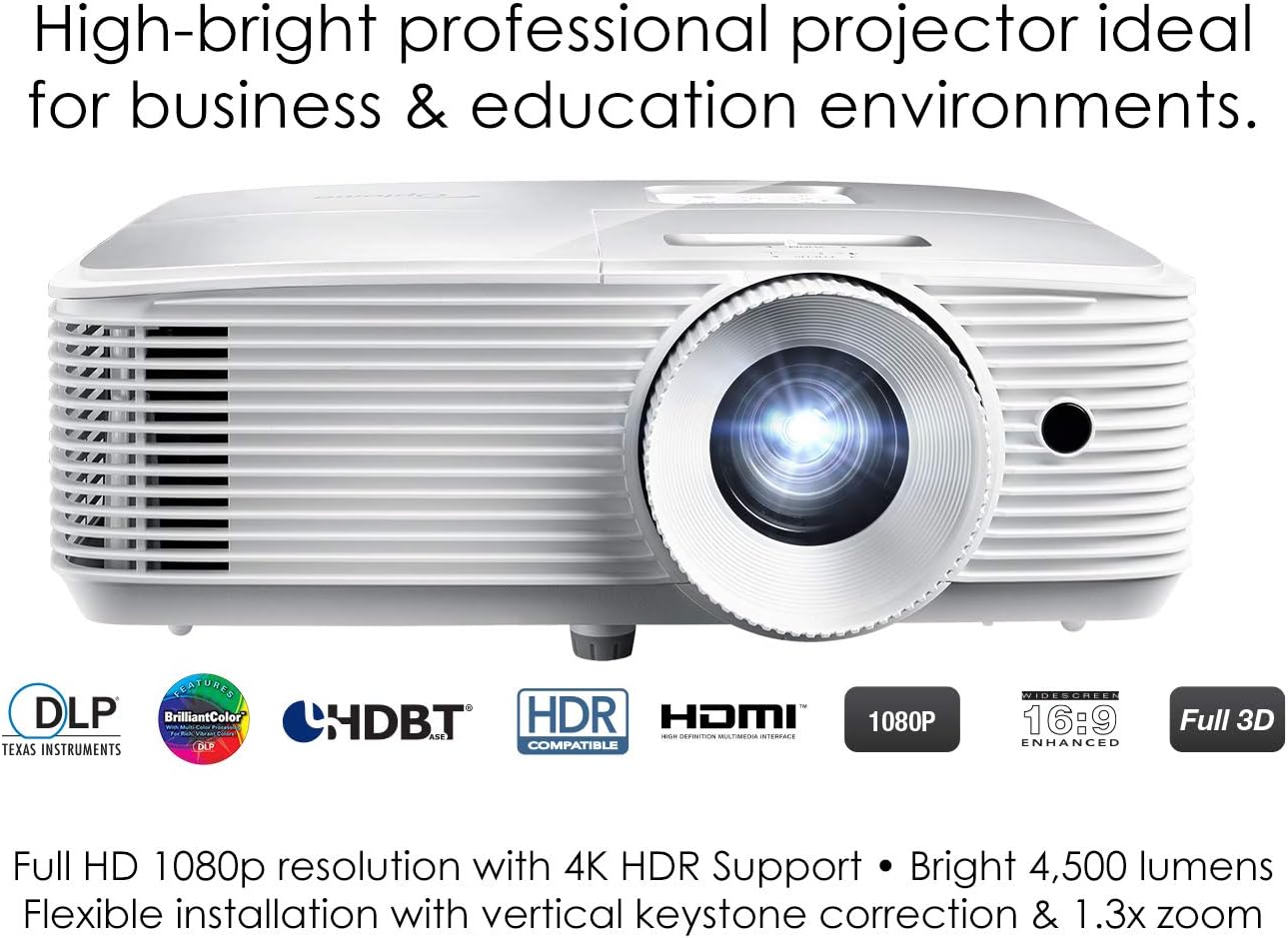 Optoma EH412 1080P HDR DLP Professional Projector | Super Bright 4500 Lumens | Business Presentations, Classrooms, and Meeting Rooms | 15000 Hour Lamp Life | 4K HDR Input | Speaker Built in , White