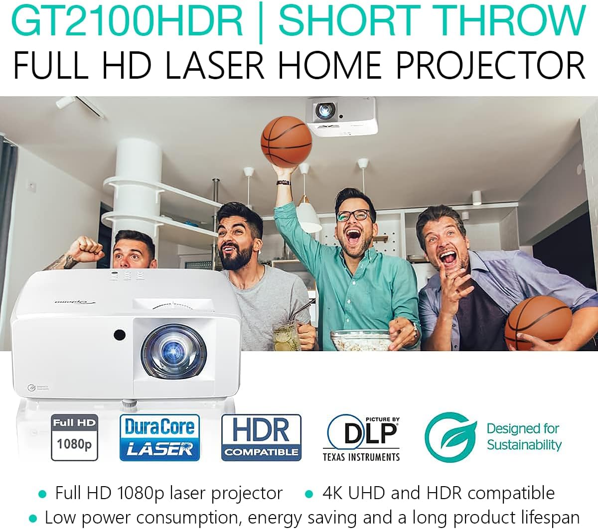 Optoma GT2100HDR Compact Short Throw Laser Home Theater and Gaming Projector, 1080p HD with 4K HDR Input, Bright 4,200 Lumens for Day and Night Viewing