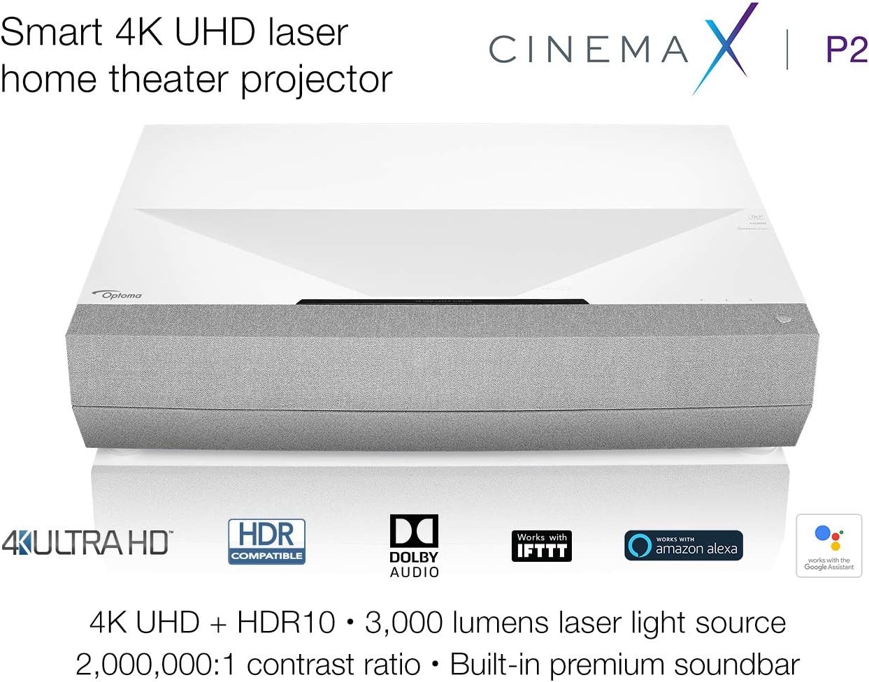 Smart 4K UHD laser home theater projector with Cinemax branding on a white background