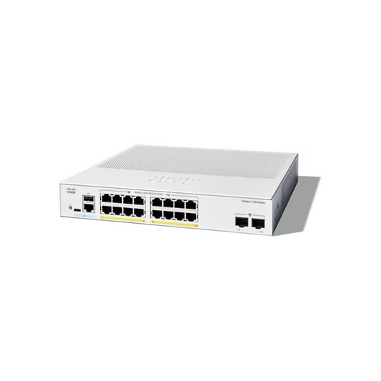 Cisco Catalyst 1300-16P-2G front view showcasing 16 PoE Gigabit Ethernet ports and 2 high-speed 1GE SFP uplink ports