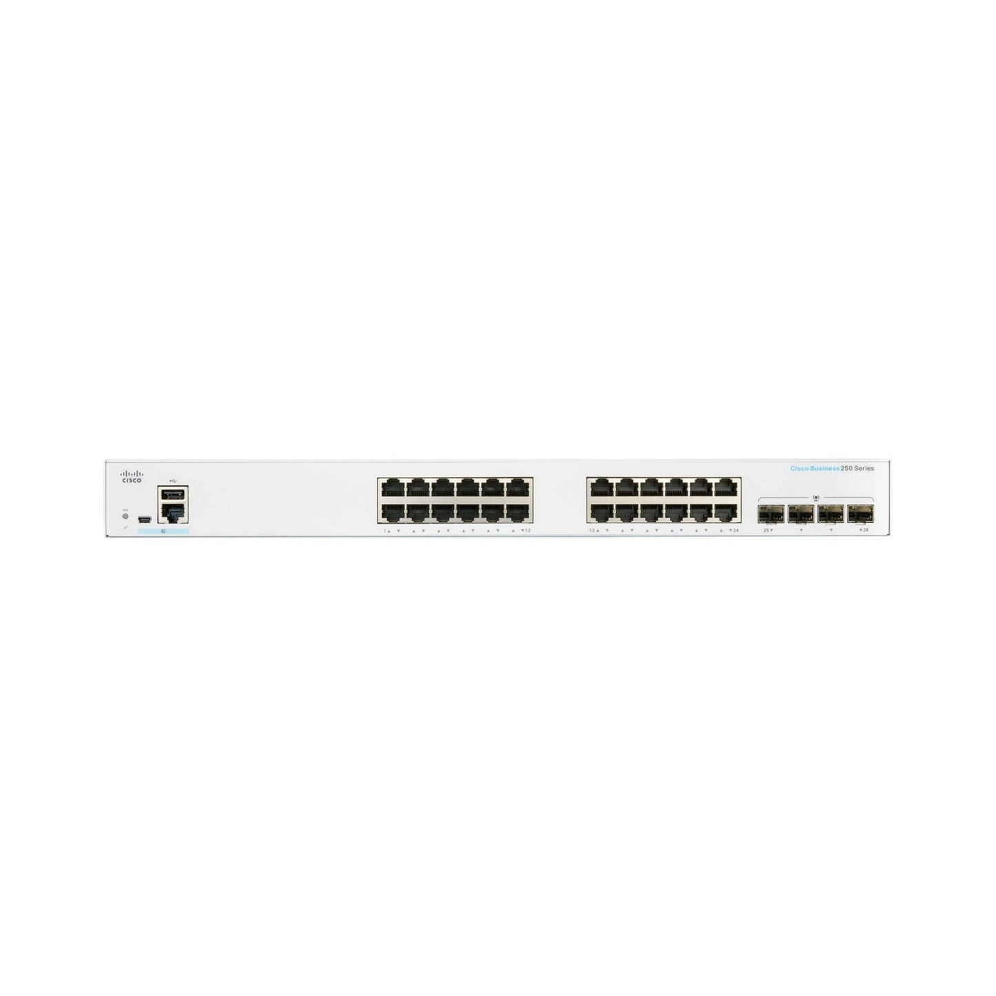 Cisco Catalyst 1300-24P-4G front view showcasing 24 PoE Gigabit Ethernet ports and 4 SFP uplink ports