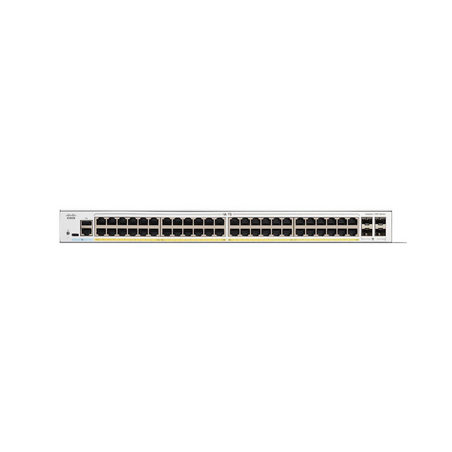 Cisco Catalyst 1300-48FP-4G front view showcasing 48 GE ports, full PoE support, and 4x1GE SFP uplinks