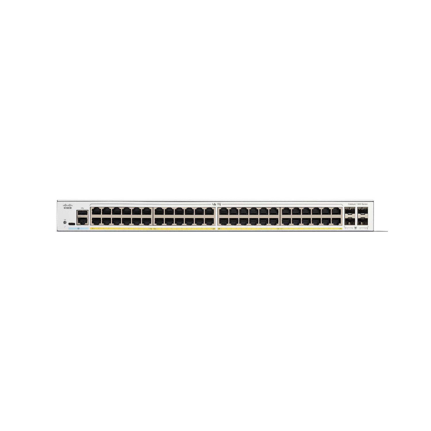 Cisco Catalyst 1300-48FP-4G front view showcasing 48 GE ports, full PoE support, and 4x1GE SFP uplinks