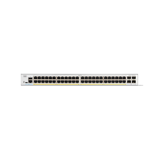 Cisco Catalyst 1300-48FP-4G front view showcasing 48 GE ports, full PoE support, and 4x1GE SFP uplinks