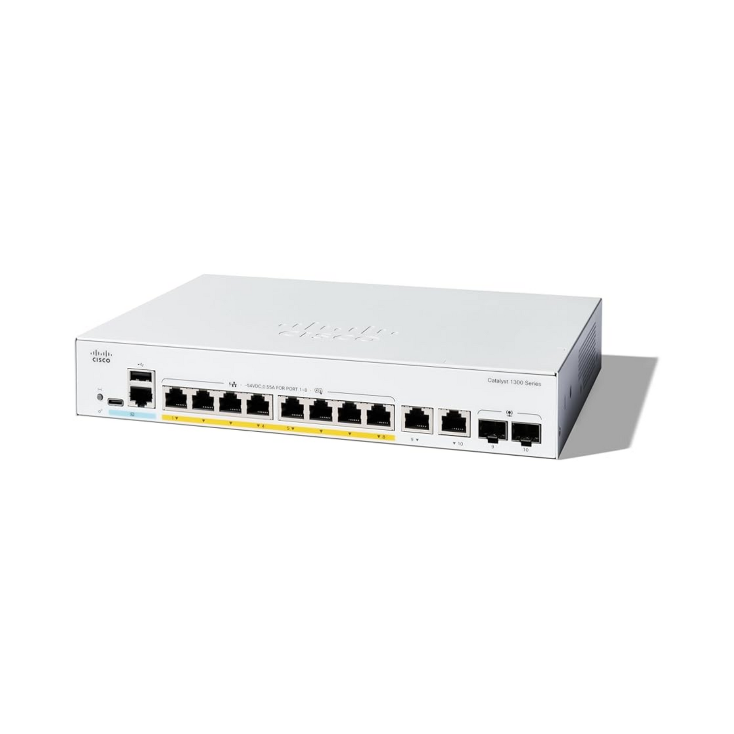 Cisco Catalyst 1300-8FP-2G front view showcasing 8 Gigabit Ethernet ports and 2x1GE Combo uplink ports