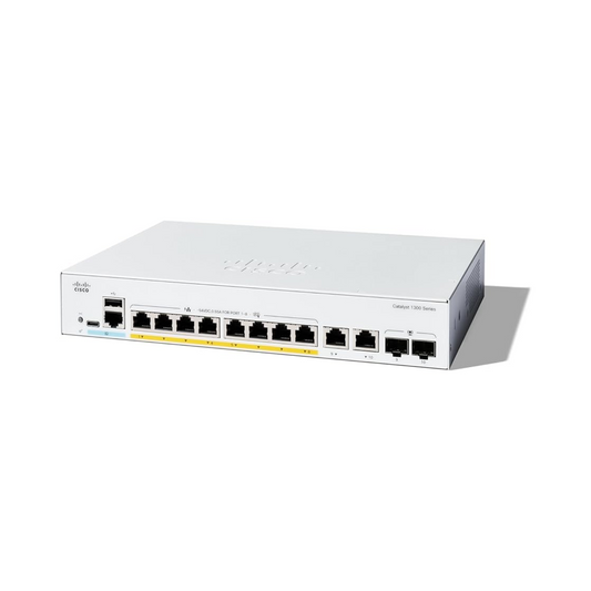 Cisco Catalyst 1300-8FP-2G front view showcasing 8 Gigabit Ethernet ports and 2x1GE Combo uplink ports