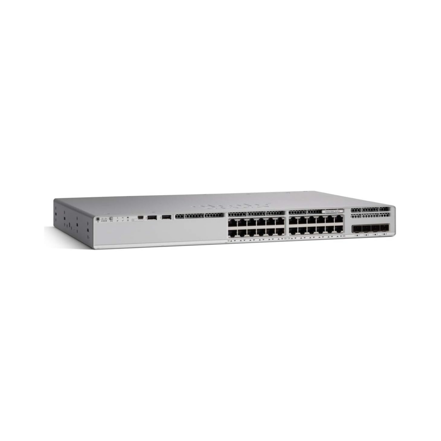 Cisco Catalyst C9200L-24P-4G-E front view showing 24 PoE+ Gigabit Ethernet ports and 4x 1G uplink ports