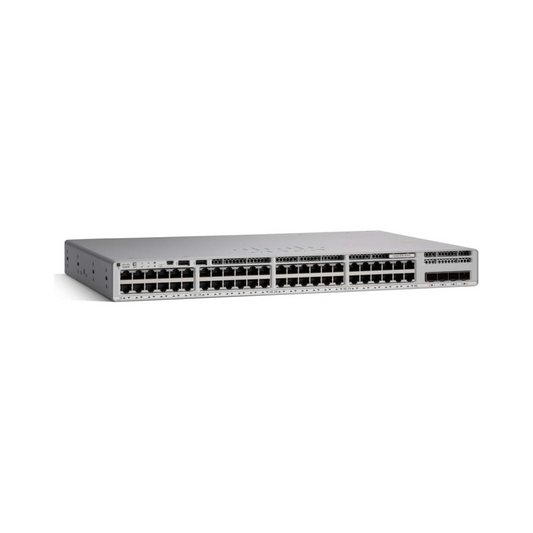 Cisco Catalyst C9200L-48P-4G-E front view showing 48 PoE+ Gigabit Ethernet ports and 4x 1G uplink ports