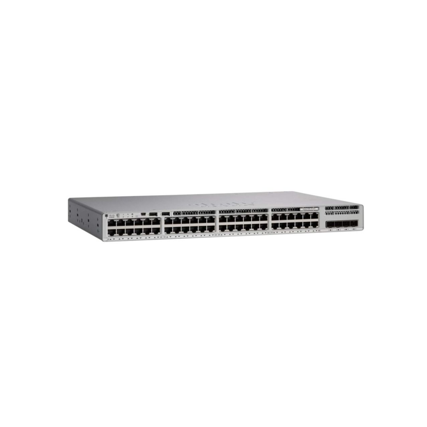 Cisco Catalyst C9300L-48P-4G-A front view showing 48 PoE+ Gigabit Ethernet ports and 4 1G SFP uplink ports