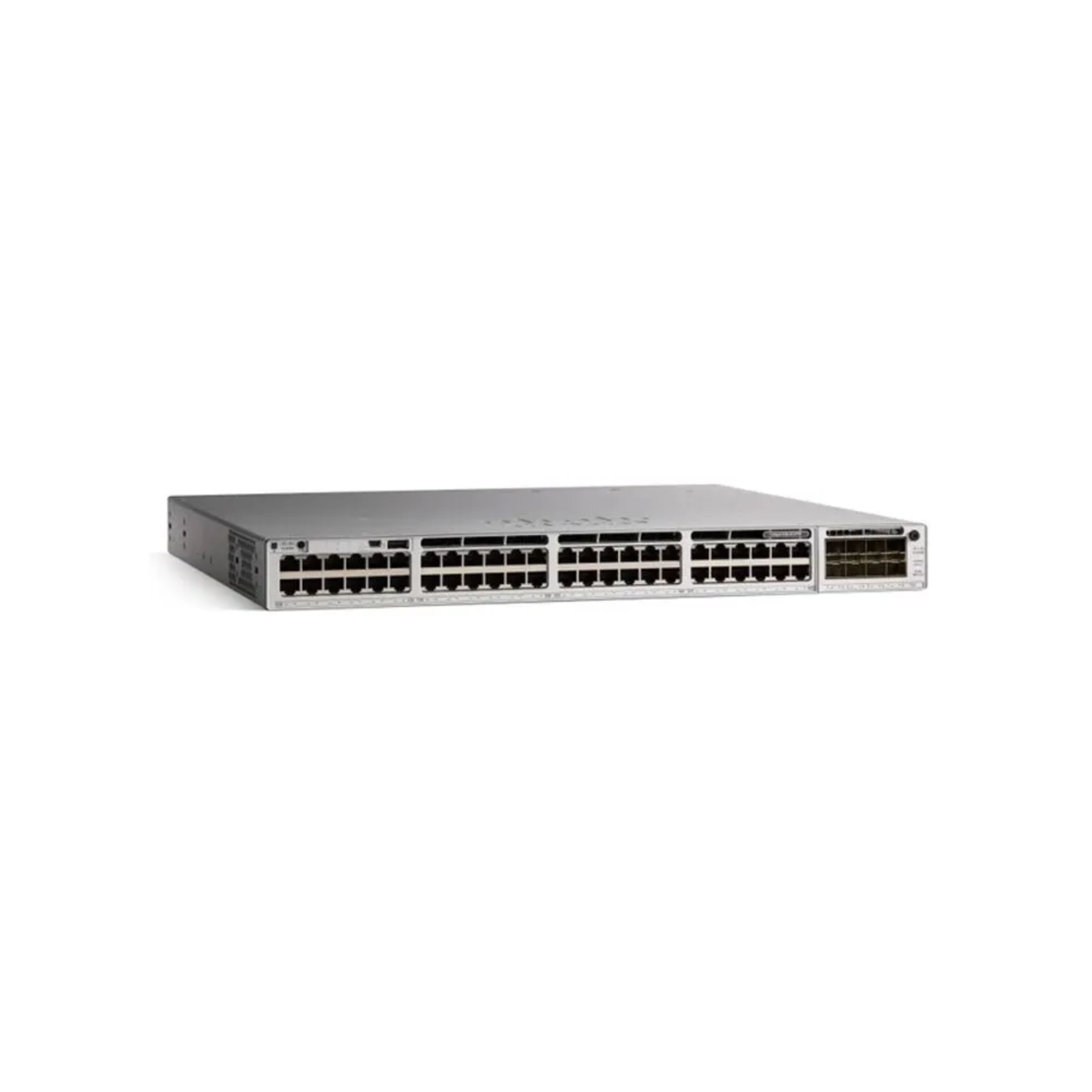 Cisco Catalyst C9300L-48P-4X-E front view showing 48 PoE+ Gigabit Ethernet ports and 4 10G SFP+ uplink ports