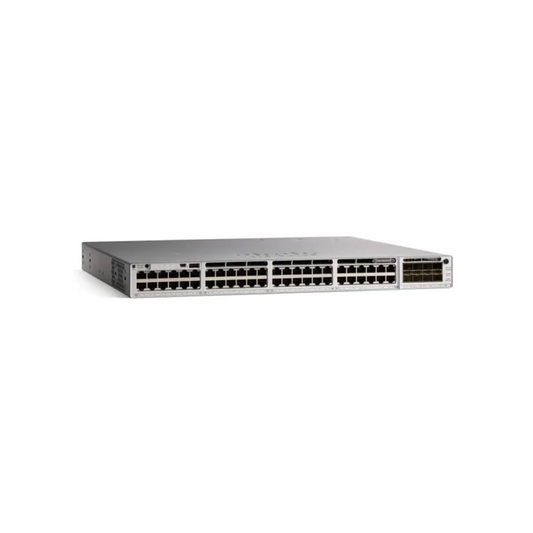 Cisco Catalyst C9300L-48P-4X-E front view showing 48 PoE+ Gigabit Ethernet ports and 4 10G SFP+ uplink ports