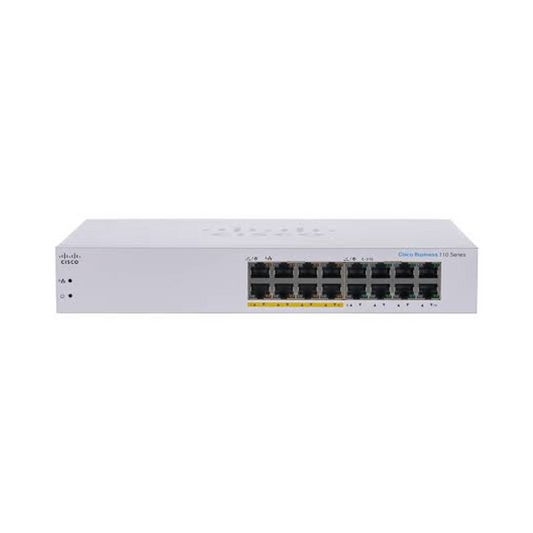 Cisco Business CBS110-16PP-D front view showing 16 Gigabit Ethernet ports, including 8 PoE ports