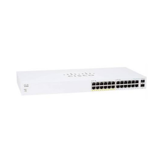 Cisco Business CBS110-24PP front view showing 24 Gigabit Ethernet ports, Partial PoE, and 2x 1G SFP shared uplinks