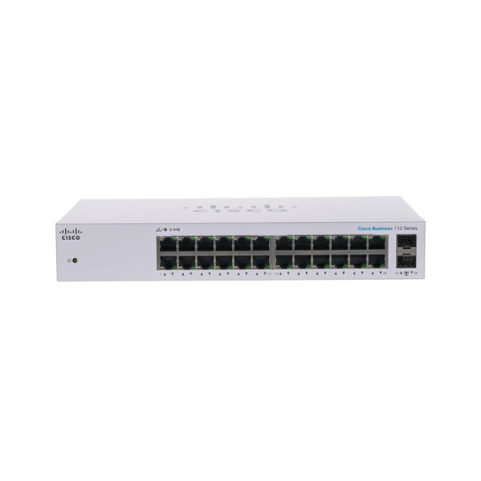 Cisco Business CBS110-24T front view showing 24 Gigabit Ethernet ports and 2x 1G SFP shared uplinks for high-speed networking