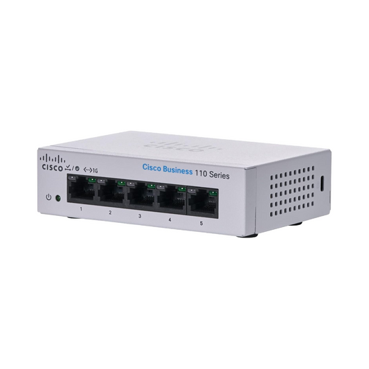 Cisco Business CBS110-5T-D front view showing 5 Gigabit Ethernet ports for high-speed networking