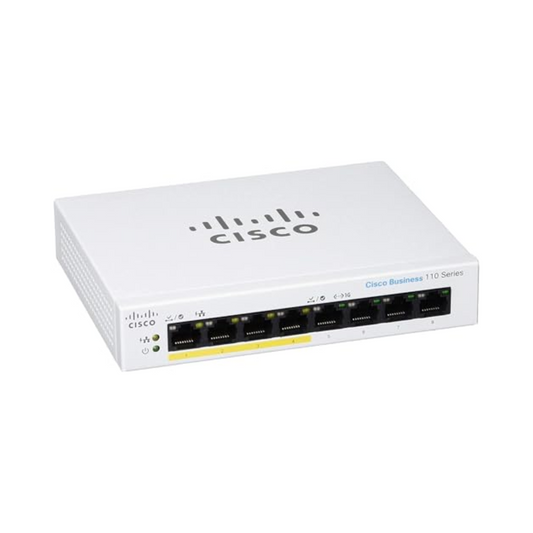 Cisco Business CBS110-8PP-D front view showing 8 Gigabit Ethernet ports with 4 PoE-enabled ports for high-speed networking