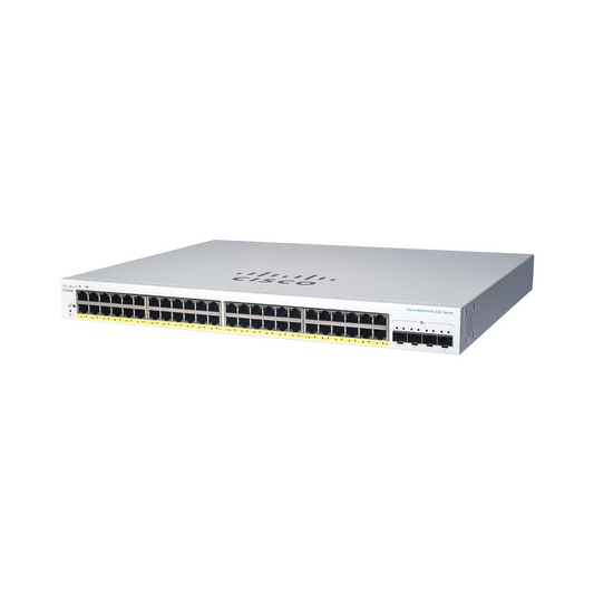 Cisco Business CBS220-48T-4G front view showing 48 Gigabit Ethernet ports and 4x 1G SFP uplink ports
