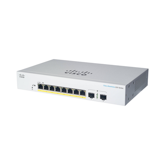 Cisco Business CBS220-8P-E-2G front view showing 8 PoE-enabled Gigabit Ethernet ports and 2x 1G SFP uplink ports