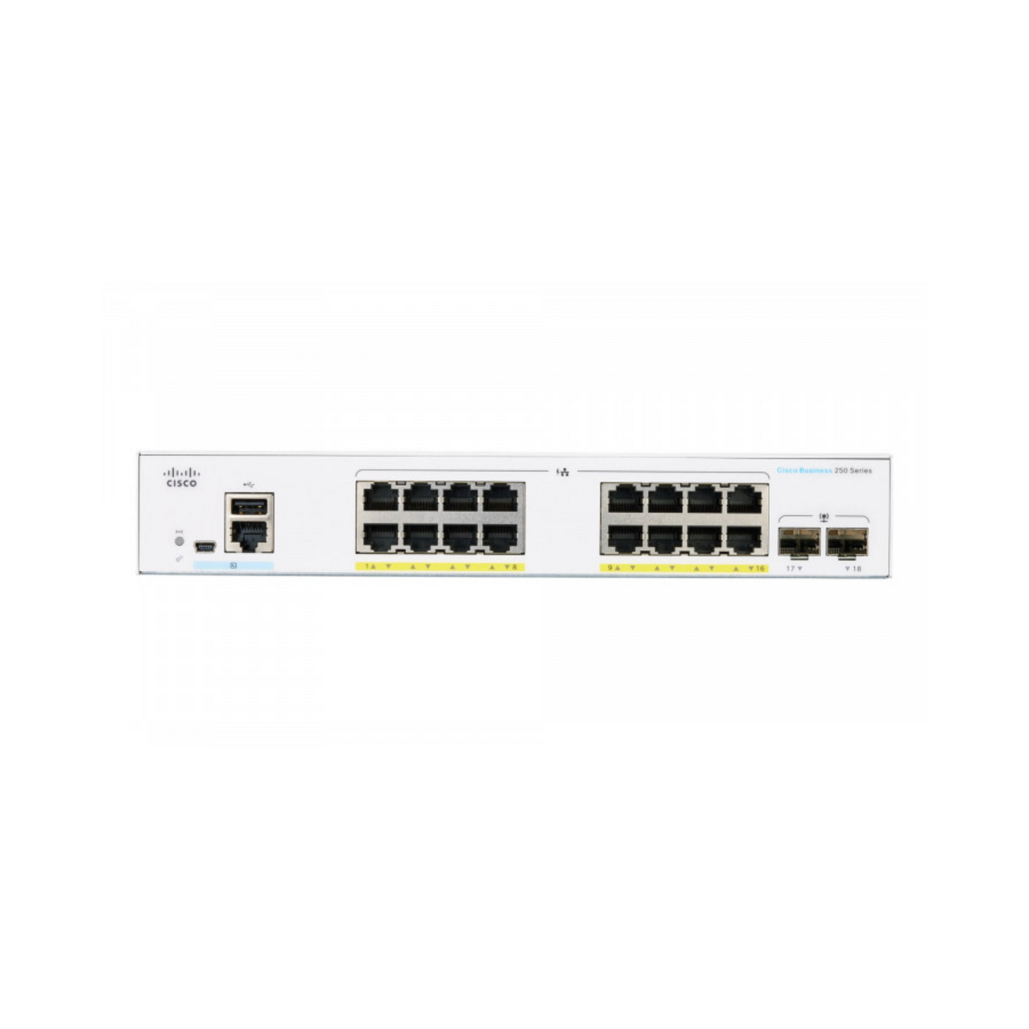 Cisco Business CBS250-16P-2G front view showing 16 Gigabit Ethernet ports, PoE capabilities, and 2x 1G SFP uplink ports