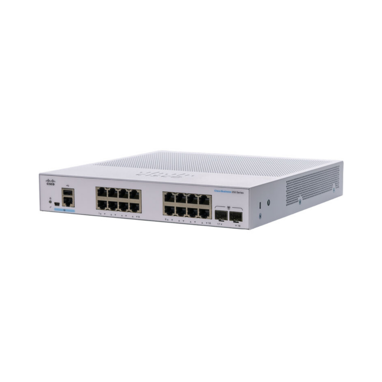 Cisco CBS250-16T-2G front view showcasing 16 Gigabit Ethernet ports and 2 SFP uplink ports