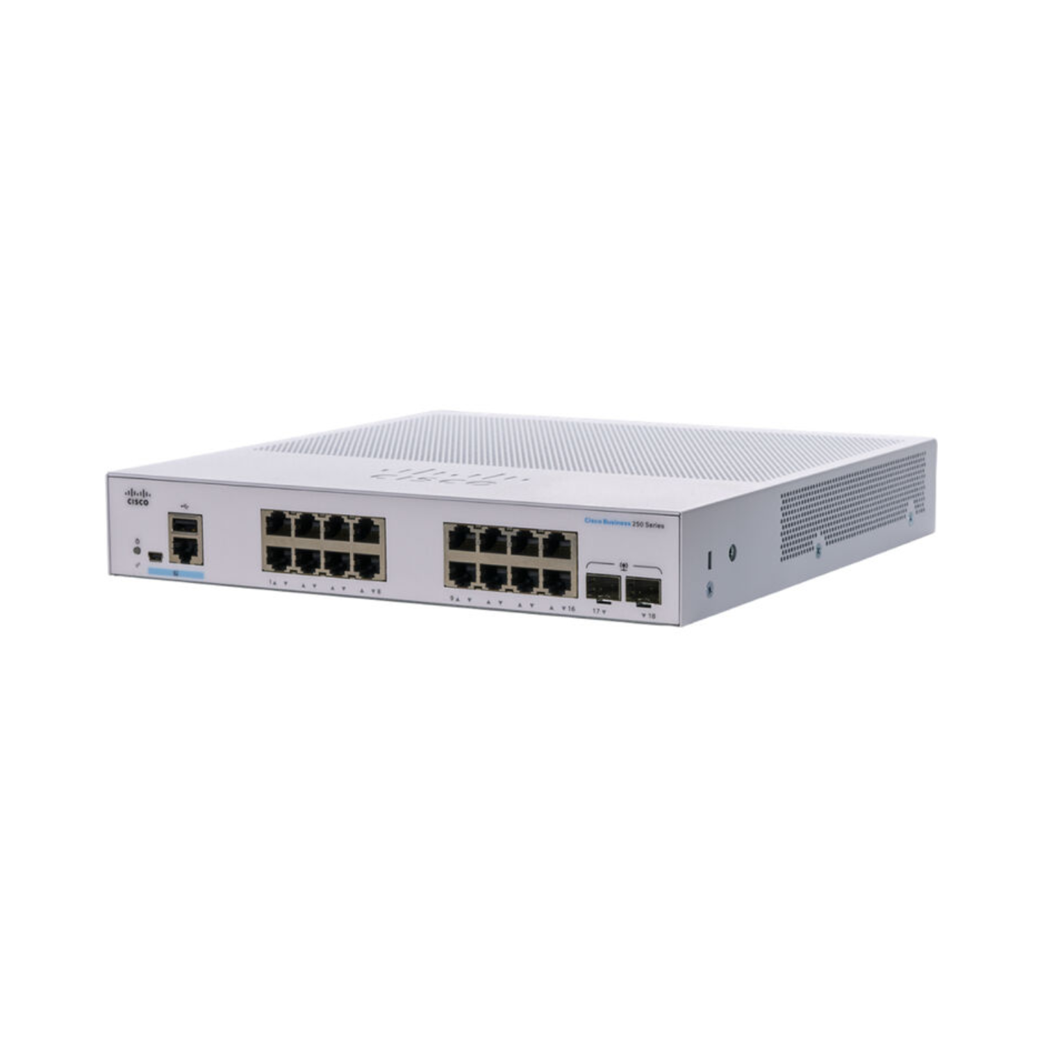 Cisco CBS250-16T-2G front view showcasing 16 Gigabit Ethernet ports and 2 SFP uplink ports
