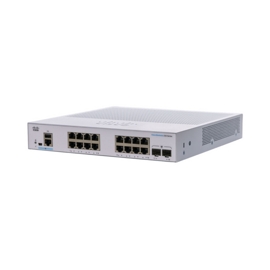 Cisco CBS250-16T-2G front view showcasing 16 Gigabit Ethernet ports and 2 SFP uplink ports