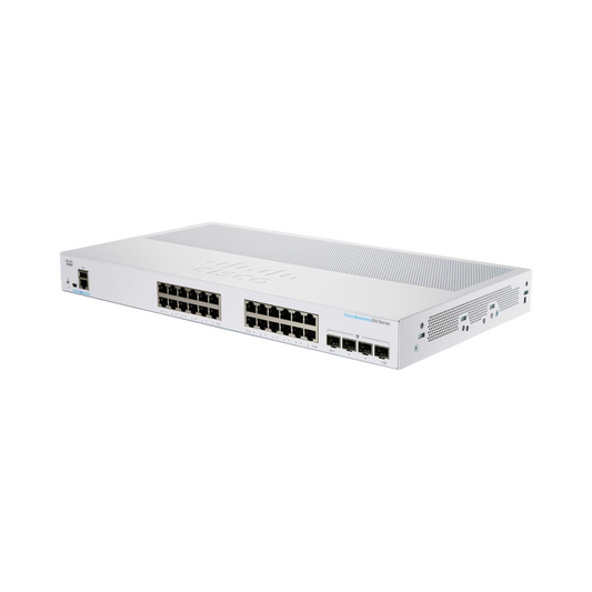Cisco CBS250-24T-4G front view showcasing 24 Gigabit Ethernet ports and 4 SFP uplink ports