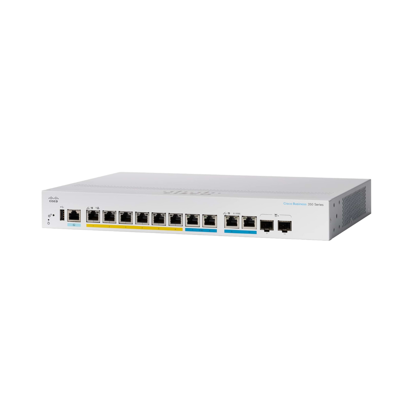 Cisco CBS350-8MGP-2X front view showcasing 2.5GE, Gigabit Ethernet, and 10G uplink ports