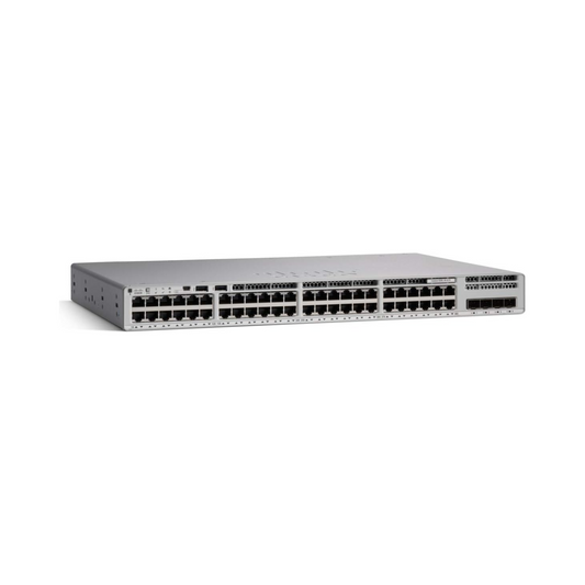 Cisco Catalyst C9200L-48T-4X-E front view showing 48 Gigabit Ethernet ports and 4x 10G uplink ports