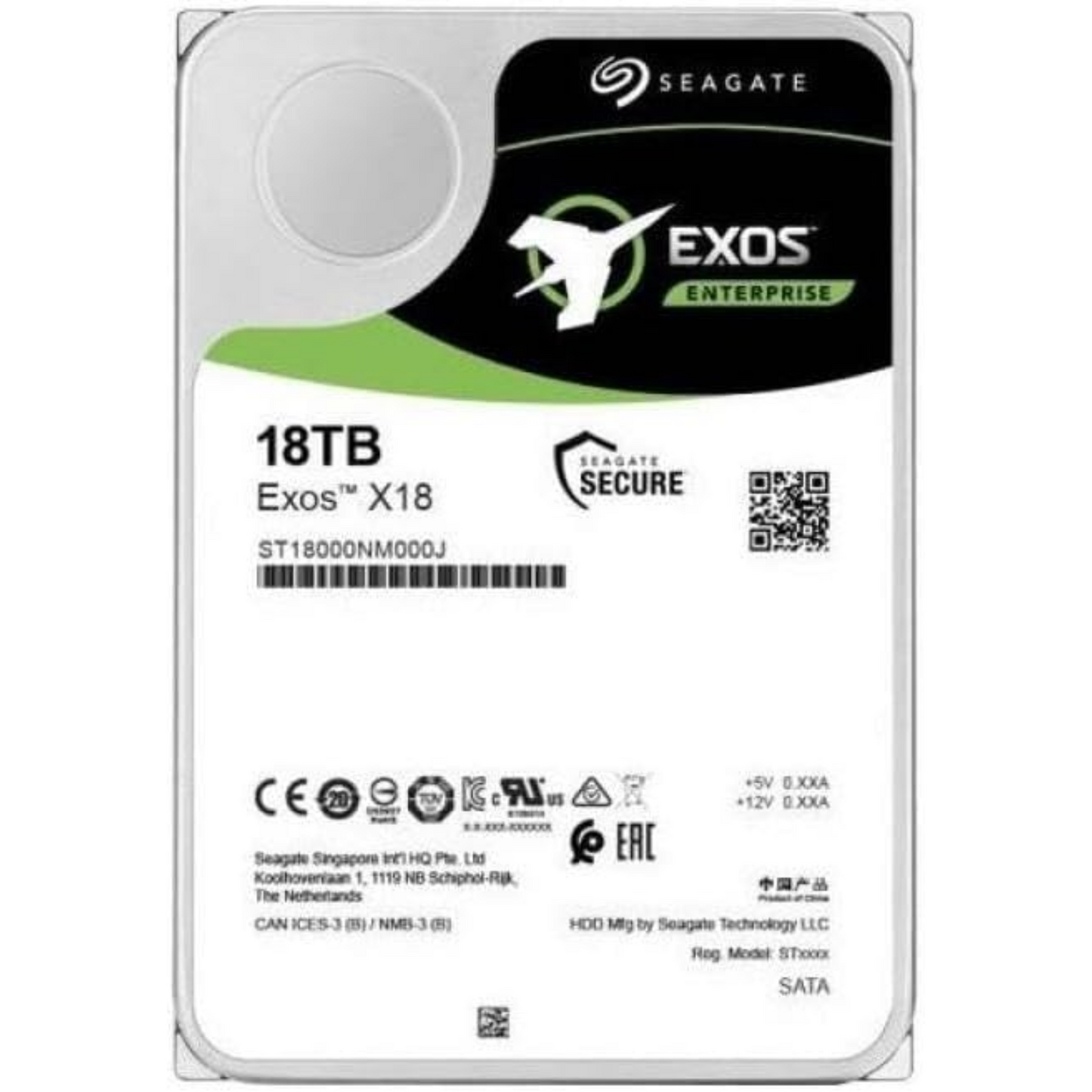Seagate Exos X18 18TB Enterprise HDD - CMR 3.5 Inch Hyperscale SATA 6Gb/s, 7200 RPM, 512e and 4Kn FastFormat, Low Latency with Enhanced Caching (ST18000NM000J)