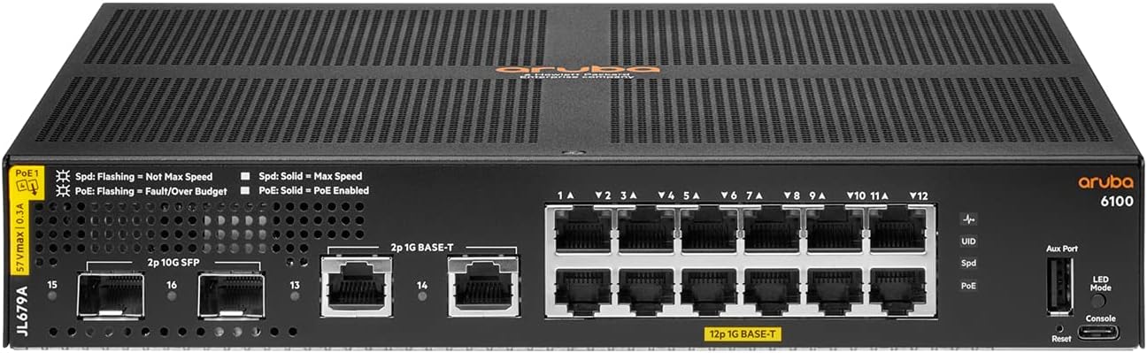 Aruba 6100 12G Class4 PoE 2G/2SFP+ 139W Switch - JL679A Internal UPC no Localization/Cord