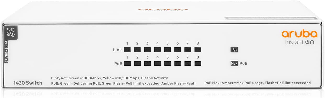 HPE Networking Instant On Switch Series 1430 8-Port Gb Unmanaged Layer 2 Ethernet Switch with PoE (R8R46A#ABA)