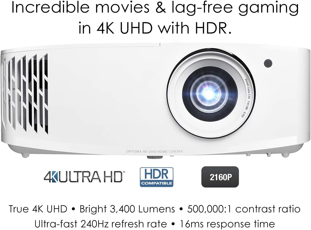 Optoma UHD30 True 4K UHD Gaming Projector | 16ms Response Time with Enhanced Gaming Mode | Lowest Input Lag on 4K Projector | 240Hz Refresh Rate | HDR10 & HLG