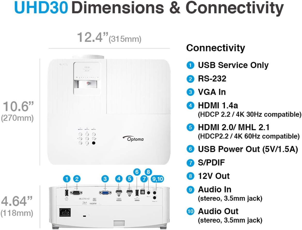 Optoma UHD30 True 4K UHD Gaming Projector | 16ms Response Time with Enhanced Gaming Mode | Lowest Input Lag on 4K Projector | 240Hz Refresh Rate | HDR10 & HLG