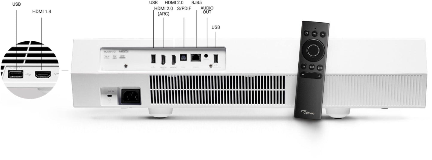 Projector with ports and a remote control on a white background