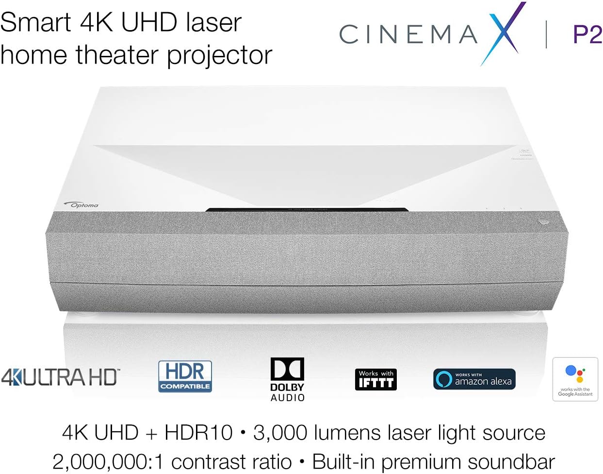 Optoma CinemaX P2 White Smart 4K UHD Laser Projector for Home Theater | 3000 Lumens Superior Image with Laser & 6-Segment Color Wheel | Ultra-Short Throw | Built-In Soundbar