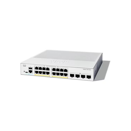 Cisco Catalyst 1300-16P-4X front view showcasing 16 PoE Gigabit Ethernet ports and 4 high-speed 10GE SFP+ uplink ports