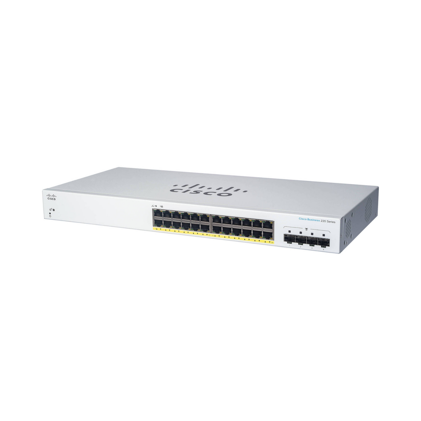 Cisco Business CBS220-24T-4G front view showing 24 Gigabit Ethernet ports and 4x 1G SFP uplink ports