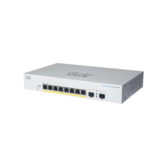 Cisco Business CBS220-8T-E-2G front view showing 8 Gigabit Ethernet ports and 2x 1G SFP uplink ports