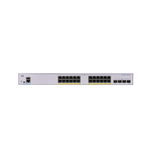 Cisco CBS350-24P-4G front view showcasing 24 Gigabit Ethernet ports, 4 SFP uplink ports, and PoE capabilities