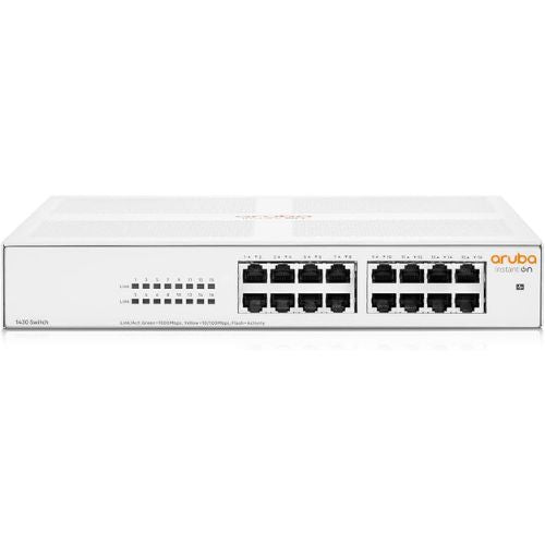 Front view of Aruba Instant On 1430 16-port Gigabit unmanaged switch R8R47A#ABA in durable metal casing.