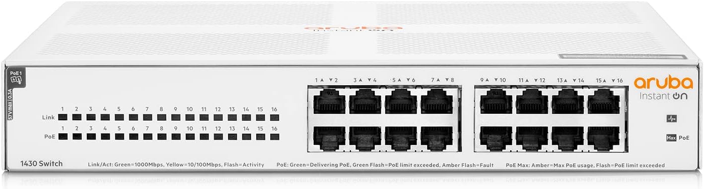 HPE Networking Instant On Switch Series 1430 16-Port Gb Unmanaged Layer 2 Ethernet Switch with PoE  (R8R48A#ABA)