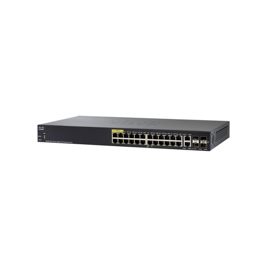 Cisco SG350-28P managed switch front view showcasing 28 Gigabit Ethernet ports, PoE support, and SFP slots