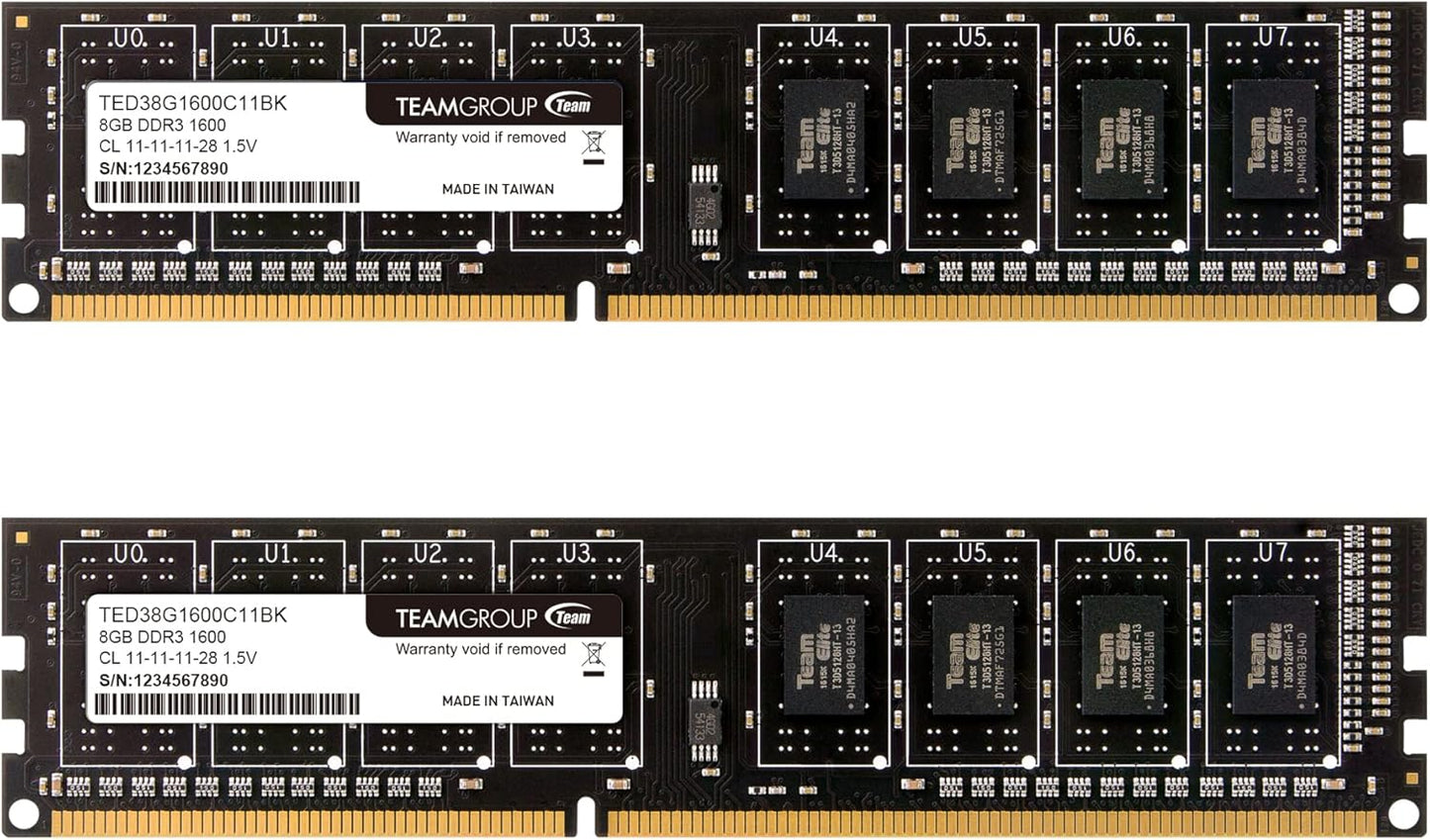 TEAMGROUP Elite DDR3 16GB Kit (2x8GB) 1600MHz (PC3-12800) CL11 Unbuffered Non-ECC 1.5V UDIMM 240 Pin PC Computer Desktop Memory Module Ram Upgrade - TED316G1600C11DC01